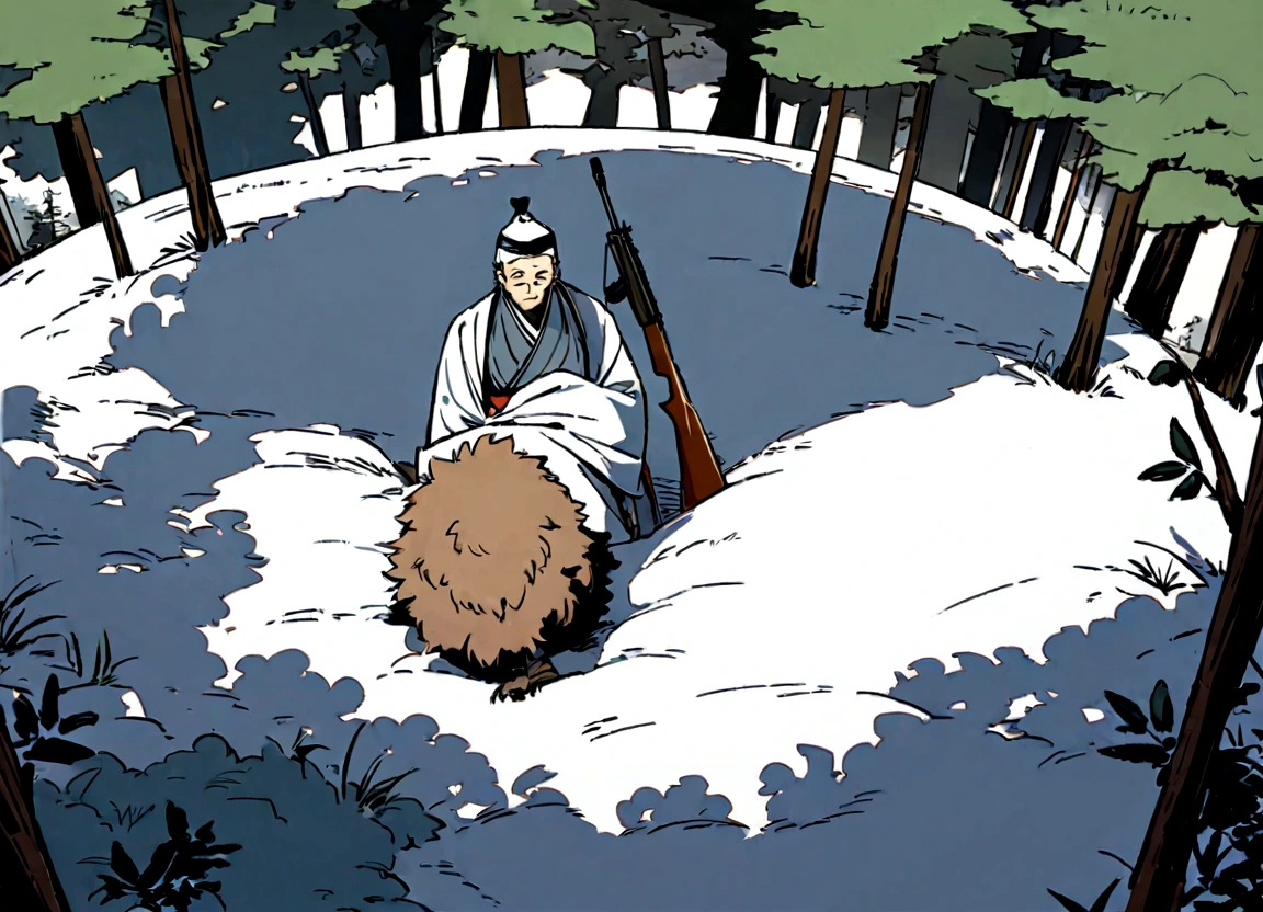 In the snowy forests of ancient Japan, an old hunter with a coat made of animal fur draped over his shoulders１People standing,elder,((Matagi)),Old-fashioned clothing,Bird&#39;s-eye view,Overhead looking down angle,(Hunting rifle),coir,Top-down composition,Dynamic composition,