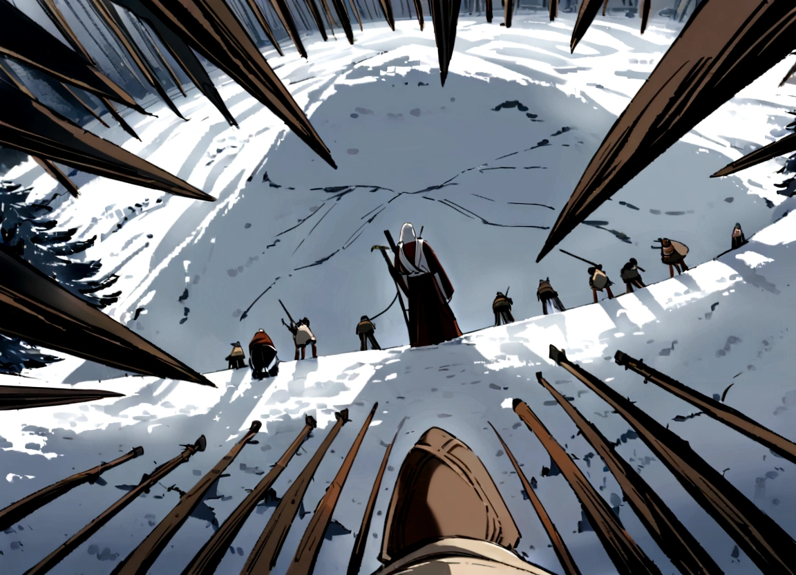 In the snowy forests of ancient Japan, an old hunter with a coat made of animal fur draped over his shoulders1People standing,elder,((Matagi)),Old-fashioned clothing,Bird's-eye view,Overhead looking down angle,(Hunting rifle),coir,Top-down composition,Dynamic composition,