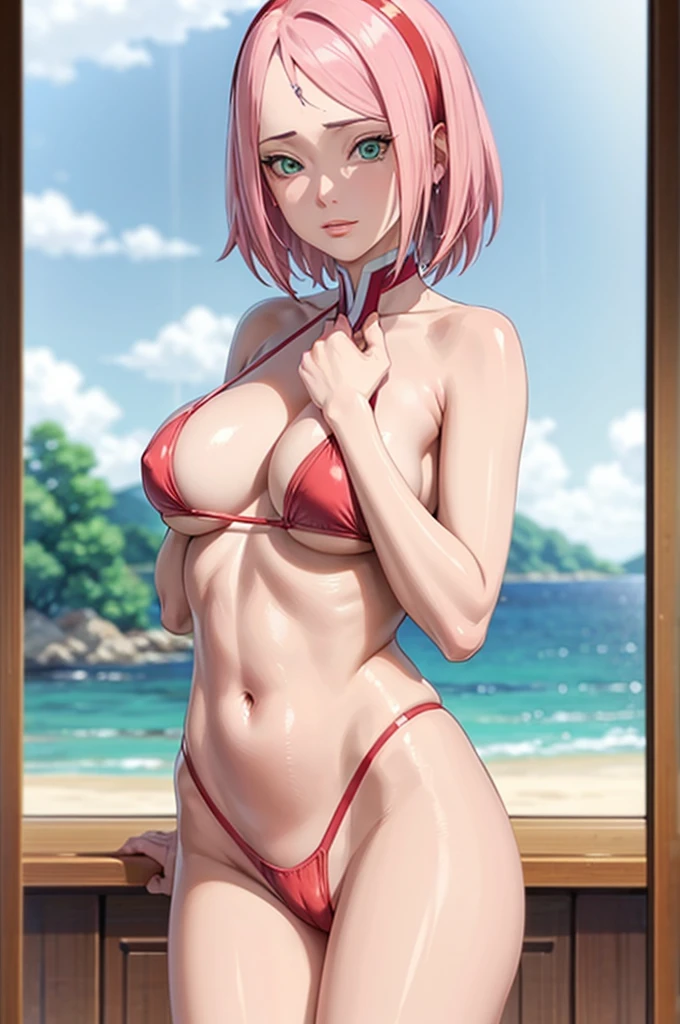 NSFW, (girl),（（optimal quality））， （（Masterpiece））， （A detailed： 1.4），face red，perspire，showing niples, fully naked，The ultimate masterpiece,(fidelity:1.2),(sexy),open air bath, (Huge chest), Open crotch, Open legs, (Smooth: 1.1), (Cutes: 0.9), (shiny: 1.1),, red lips, lust face, sakura haruno from naruto anime, cute pose, super small bikini ,g string, very big breast, big ass, detailed lines, 8k image, no blur