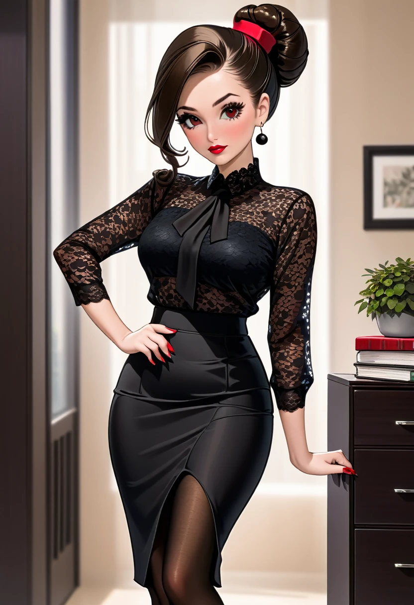 elegant office woman in tight formfitting black ruched pencil skirt, lace blouse, pantyhose, elegant high heels, elegant hairbun, red lipstick, dark eyeshadow, brunette, Italian beauty, snobbish expression, round hips,