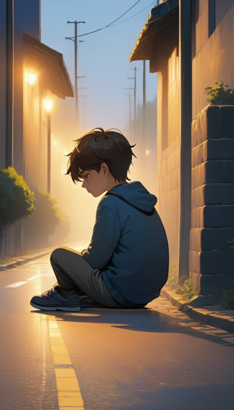 a young boy sad and seat alone in road said