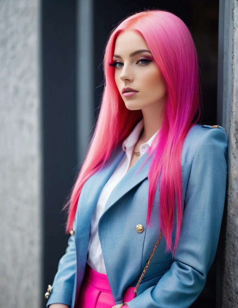 very attractive 25 year old girl with long very straight bright pink hair, dressed in outfit suitable for vogue magazine, photo quality 