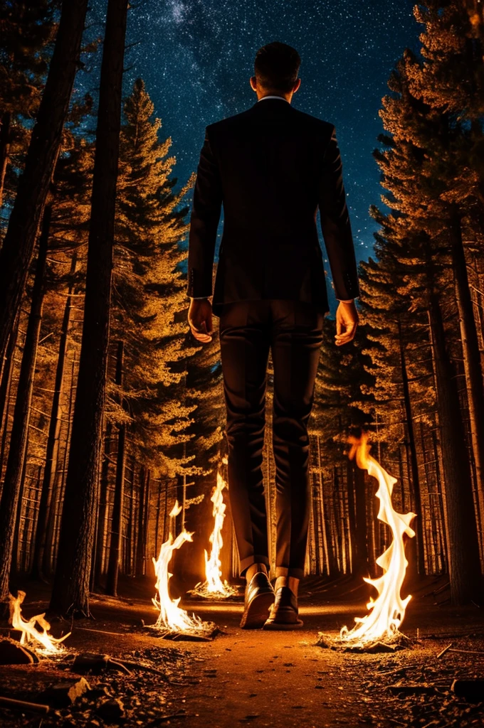 Create a portrait of a heart with feet that walks on fire in a forest that is at night and there are many stars in the sky