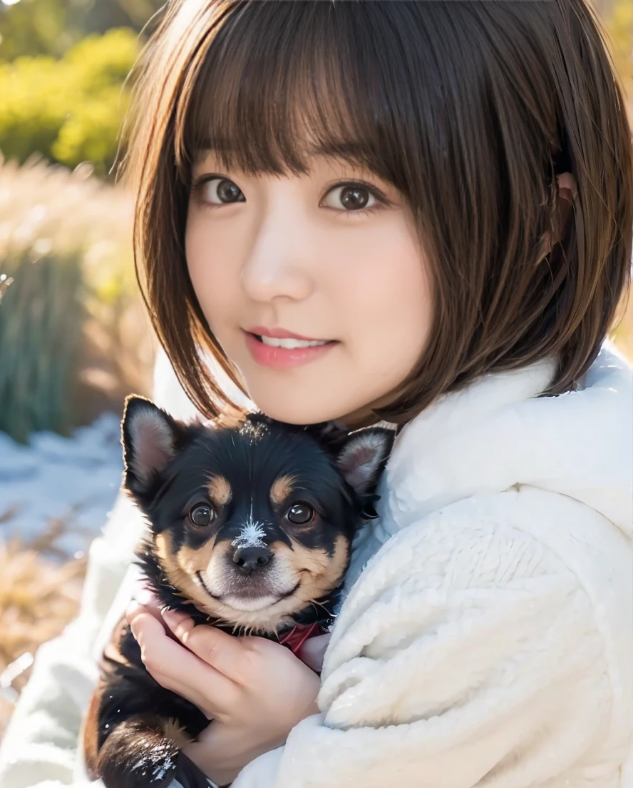 Being with a dog、A girl and a dog warming themselves by a bonfire、Lens flare、Hair blowing in the wind、Medium Short Hair、、Expressing the whiteness of one&#39;s breath、Photo from the waist up、Night city illumination shot、Cowgirl Shot、Fur coat、豪華なグレーのミンクのFur coat、Wear fine leather boots、Luxury Bags、Inner turtleneck、Silver necklace and small silver earrings Millionaire style:1.4））、Full body photo、smile、 Caustics、Highly detailed photos、Very beautiful woman 、Ample breasts、No makeup、(8K、RAW Photos、Highest quality、masterpiece:1.2)、(Realistic、Realistic)、1 Girl、((Medium Short Hair、Midwinter、Cold region Snow falling、The wind is blowing、Fluttering Hair、Blur the background、Colorful illuminations、Looking into the camera:1.4))、
