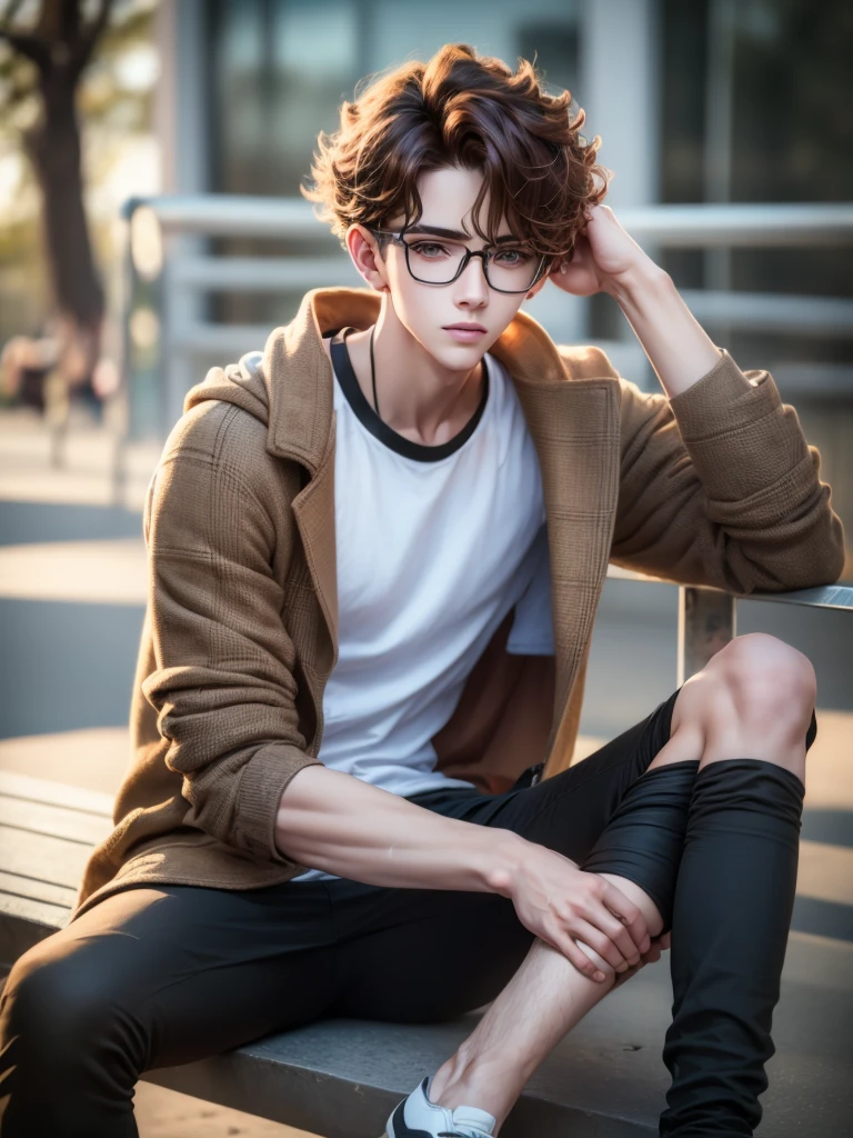 1 teenage boy, detailed eyes, curly brown hair, pale smooth skin, sitting outdoors, black skinny jeans, plaid shirt outerwear, t-shirt, looks like model, (best quality,4k,8k,highres,masterpiece:1.2),ultra-detailed,(realistic,photorealistic,photo-realistic:1.37),hyperrealistic, cinematic lighting, professional photography, natural setting, warm color tones, pale skin ultra realistic soft smooth skin, soft smile, wearing glasses, skater boy vibe, sitting at skatepark, handsome man, very handsome face, white boy with handsome face, hair on shoulder