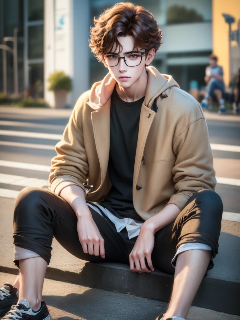 1  boy, detailed eyes, curly brown hair, pale smooth skin, sitting outdoors, black skinny jeans, plaid shirt outerwear, t-shirt, looks like model, (best quality,4k,8k,highres,masterpiece:1.2),ultra-detailed,(realistic,photorealistic,photo-realistic:1.37),hyperrealistic, cinematic lighting, professional photography, natural setting, warm color tones, pale skin ultra realistic soft smooth skin, soft smile, wearing glasses, skater boy vibe, sitting at skatepark, handsome man, very handsome face, white boy with handsome face, hair on shoulder