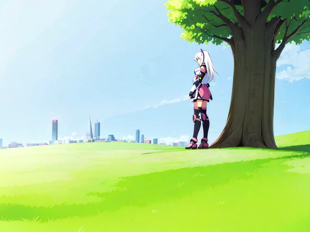 1girl, mecha musume, pink and black armor, light armor, standing, white hair, big tree, bush, uphill, blue sky, city from a far,