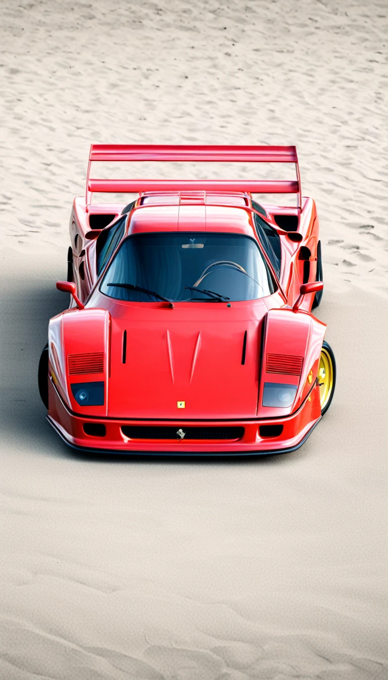 Magnifique Ferrari F40, rouge, design graphic vintage, beaucoup de détails, image vectorielle, réaliste, arrière-plan plage