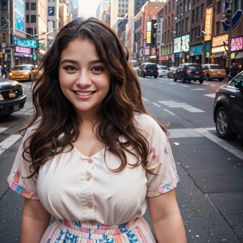 a beautiful girl, chubby, cute,laughing,in new york city,nyc,beautiful detailed eyes,beautiful detailed lips,extremely detailed face,long eyelashes,curly hair,colorful dress,happy expression,smiling,urban city background,skyscrapers,street,photorealistic,8k,masterpiece,digital art,vibrant colors,cinematic lighting,soft focus