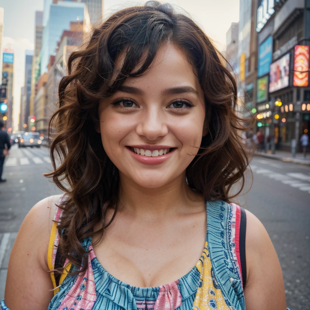 a beautiful girl, chubby, cute,laughing,in new york city,nyc,beautiful detailed eyes,beautiful detailed lips,extremely detailed face,long eyelashes,curly hair,colorful dress,happy expression,smiling,urban city background,skyscrapers,street,photorealistic,8k,masterpiece,digital art,vibrant colors,cinematic lighting,soft focus
