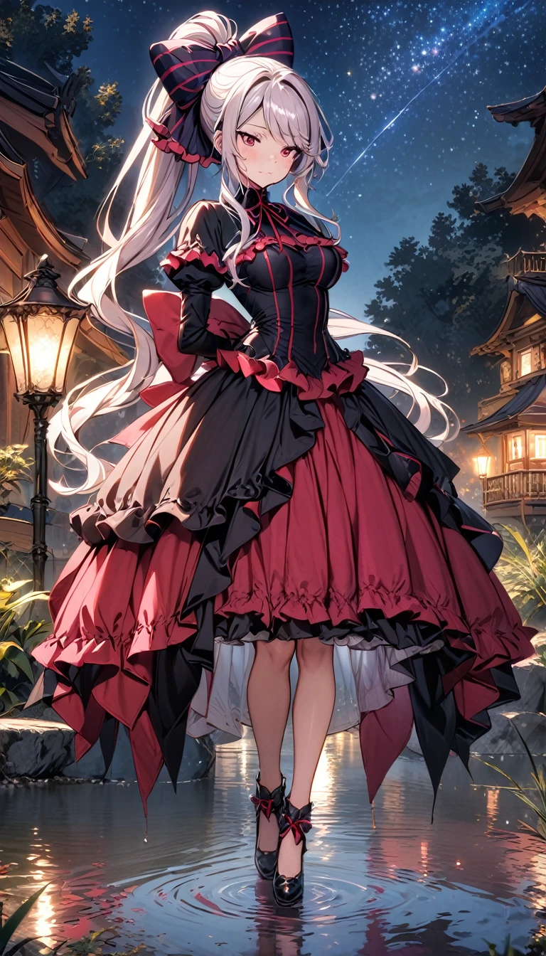 shalltear bloodfallen, shalltearcostume, ponytail, outdoors, (night, starry sky:1.2), masterpiece, arms behind back, best quality, 1girl, full body, closed mouth, lake, reflection, outdoors, official wallpaper