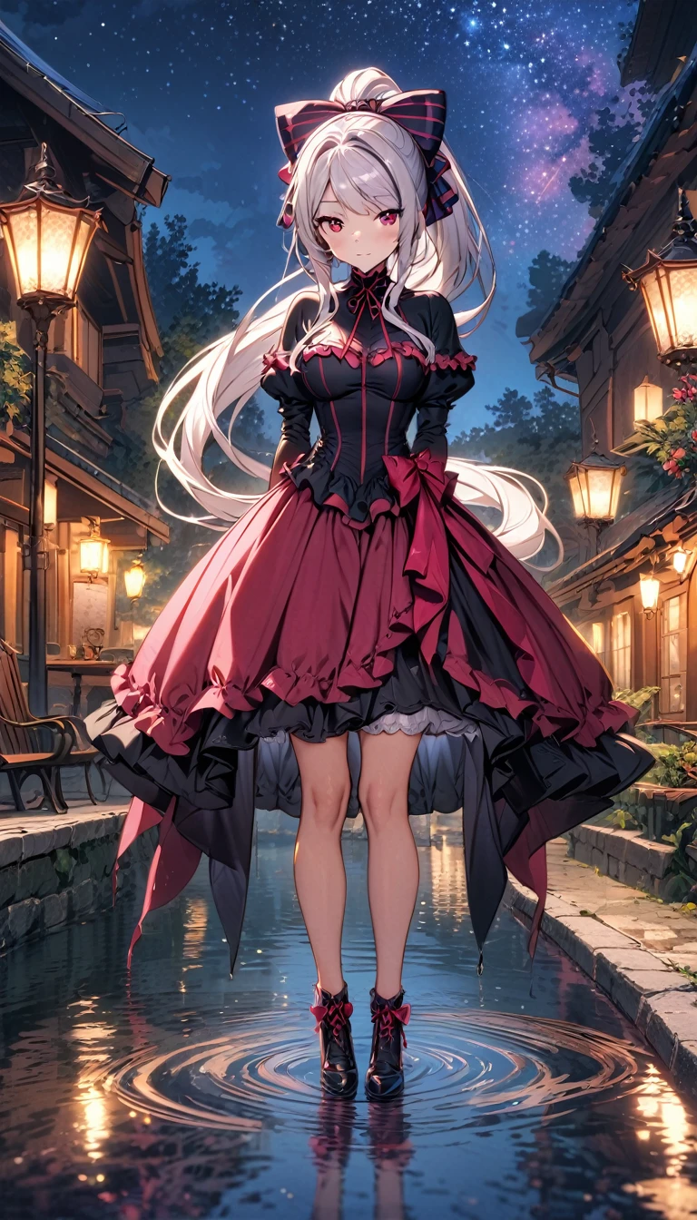 shalltear bloodfallen, shalltearcostume, ponytail, outdoors, (night, starry sky:1.2), masterpiece, arms behind back, best quality, 1girl, full body, closed mouth, lake, reflection, outdoors, official wallpaper