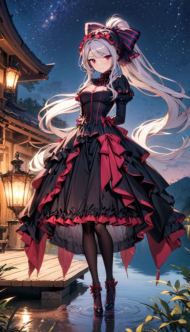 shalltear bloodfallen, shalltearcostume, ponytail, outdoors, (night, starry sky:1.2), masterpiece, arms behind back, best quality, 1girl, full body, closed mouth, lake, reflection, outdoors, official wallpaper