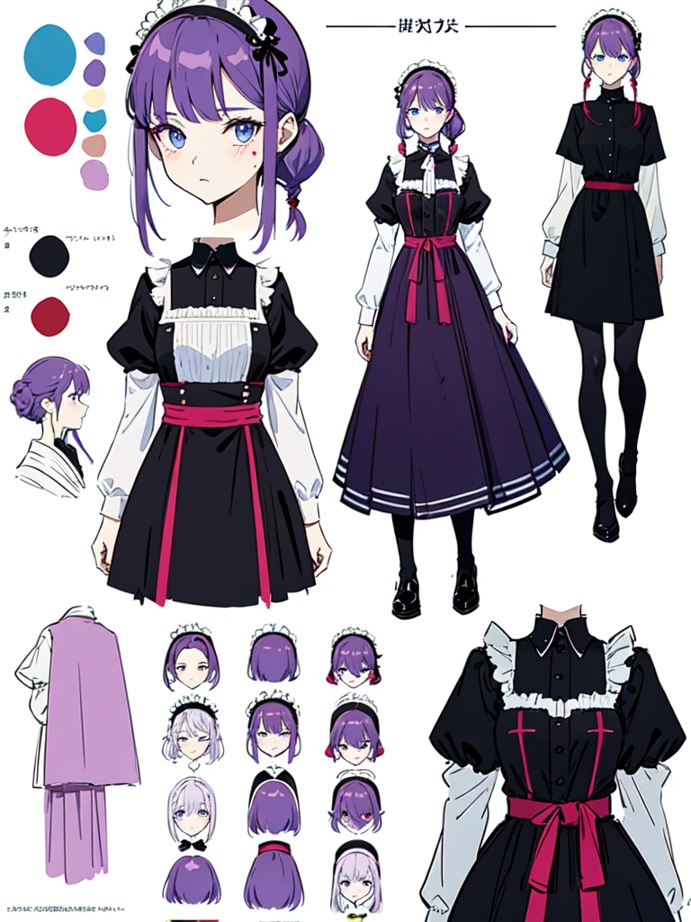 watercolor画, Dressed in maid uniform ,　Mature face,tall, Wearing black tights,Blue Eyes,Updo, Braided Hair,　 The skin is hidden　and gradient hair, (Ink blotches:1.1), (pale:1.2),(Light purple:1.2),(Red/Black:1.2), I was wearing long pants,cool,Dressed in a black robe, Toned body, one big woman, Nervous,Cowboy Shot, sketch (Character design sheet, same characters, whole body, Three-View, front, ~ ~ ~ side, return),(Very bright:1.1), White Background, [1 Girl:7], (Tilt your head:1.2), ([sketch|watercolor \(Moderate\)]:1.15),Chaotic Abstract Background, Vector Trace, Gradient Blending, Bright colors, that&#39;wonderful, Very detailed, Complex, (Very low contrast:1.4）