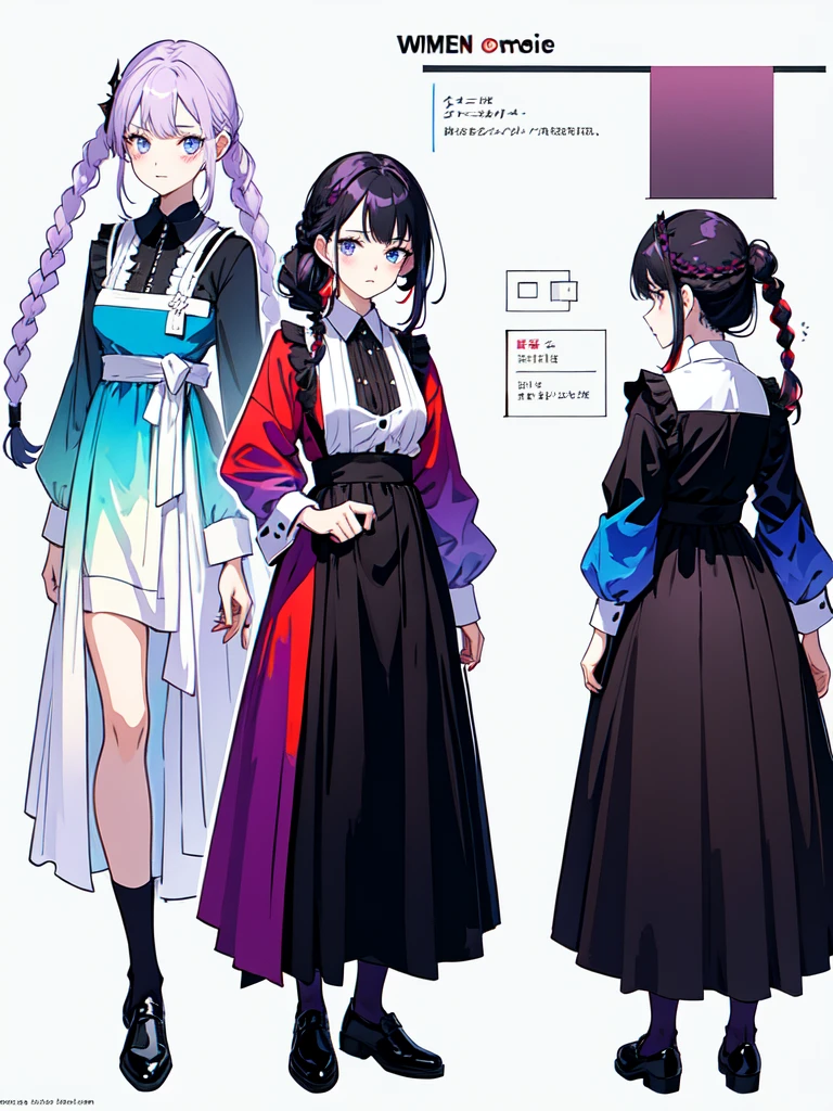 watercolor画, Dressed in maid uniform ,　Mature face,tall, Wearing black tights,Blue Eyes,Updo, Braided Hair,　 The skin is hidden　and gradient hair, (Ink blotches:1.1), (pale:1.2),(Light purple:1.2),(Red/Black:1.2), I was wearing long pants,cool,Dressed in a black robe, Toned body, one big woman, Nervous,Cowboy Shot, sketch (Character design sheet, same characters, whole body, Three-View, front, ~ ~ ~ side, return),(Very bright:1.1), White Background, [1 Girl:7], (Tilt your head:1.2), ([sketch|watercolor \(Moderate\)]:1.15),Chaotic Abstract Background, Vector Trace, Gradient Blending, Bright colors, that&#39;wonderful, Very detailed, Complex, (Very low contrast:1.4）