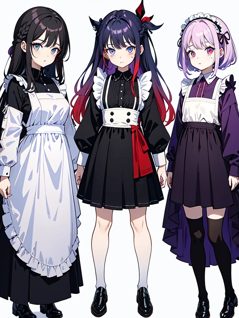 watercolor画, Dressed in maid uniform ,　Mature face,tall, Wearing black tights,Blue Eyes,Updo, Braided Hair,　 The skin is hidden　and gradient hair, (Ink blotches:1.1), (pale:1.2),(Light purple:1.2),(Red/Black:1.2), I was wearing long pants,cool,Dressed in a black robe, Toned body, one big woman, Nervous,Cowboy Shot, sketch (Character design sheet, same characters, whole body, Three-View, front, ~ ~ ~ side, return),(Very bright:1.1), White Background, [1 Girl:7], (Tilt your head:1.2), ([sketch|watercolor \(Moderate\)]:1.15),Chaotic Abstract Background, Vector Trace, Gradient Blending, Bright colors, that&#39;wonderful, Very detailed, Complex, (Very low contrast:1.4）