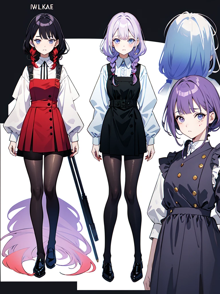 watercolor画, Dressed in maid uniform ,　Mature face,tall, Wearing black tights,Blue Eyes,Updo, Braided Hair,　 The skin is hidden　and gradient hair, (Ink blotches:1.1), (pale:1.2),(Light purple:1.2),(Red/Black:1.2), I was wearing long pants,cool,Dressed in a black robe, Toned body, one big woman, Nervous,Cowboy Shot, sketch (Character design sheet, same characters, whole body, Three-View, front, ~ ~ ~ side, return),(Very bright:1.1), White Background, [1 Girl:7], (Tilt your head:1.2), ([sketch|watercolor \(Moderate\)]:1.15),Chaotic Abstract Background, Vector Trace, Gradient Blending, Bright colors, that&#39;wonderful, Very detailed, Complex, (Very low contrast:1.4）