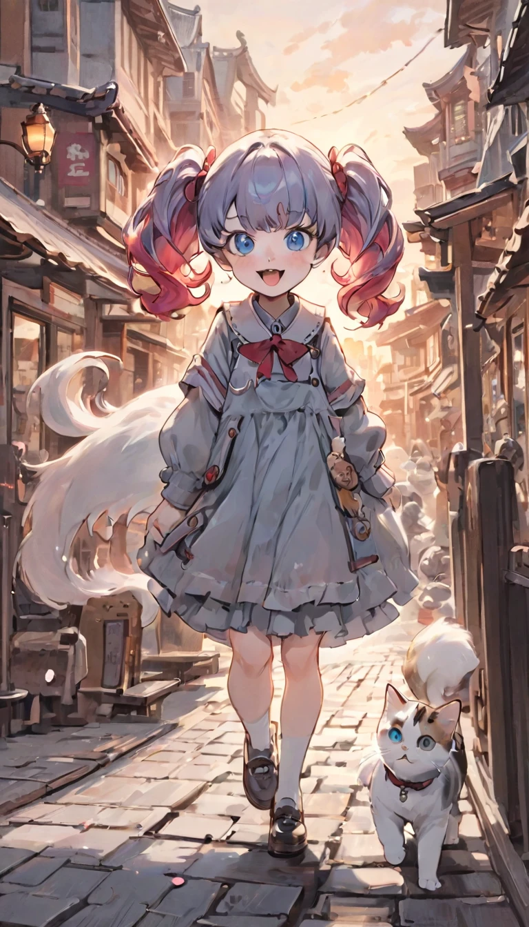 Highest quality、masterpiece、One Girl、、White skin、Wicked Smile:0.8、Open your mouth、(Sticking out tongue)、Pink Hair。Twin tails、Hair Clip、big hair clip、Cute Hair Clips、Gray eyes、Little red cheeks and nose、BREAK、A very detailed drawing of a calico cat、Insane Details、Highly detailed cat、Blue Eyed Cat、A calico cat strolling around as if it owns the place、Calico cat walking on the promenade、BREAK、Happy, Warm and soft lighting, sunset, (spark:0.7)
