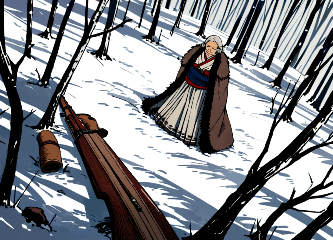 In the snowy forests of ancient Japan, an old hunter dressed in fur clothes1People standing,elder,((Matagi)),Old-fashioned clothing,Bird's-eye view,Overhead looking down angle,(Hunting rifle),coir,Top-down composition,Dynamic composition,