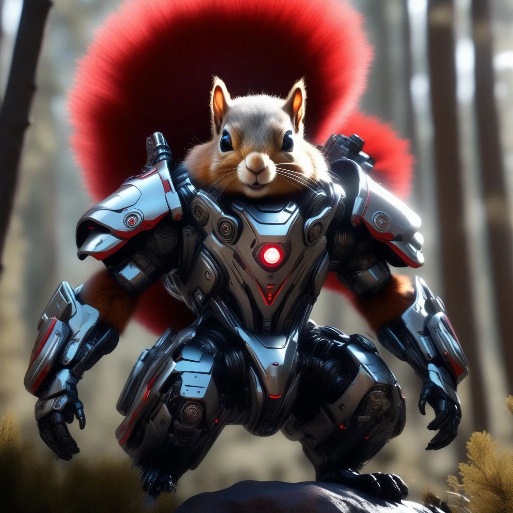 ((Masterpiece)), ((Best Quality)), (Very Detailed), ((Very Detailed)), 4K, (8K), very aesthetic, absurdres highres, Create a realistic depiction of futuristic robotic squirrels carrying rifles and fighting in the wilderness. The squirrel has a design that combines organic and advanced mechanical elements, with white fur with black stripes and a slim, strong physique. It features exposed gears, metal plates, and red glowing elements. Its eyes glow red, and its body has sharp fangs and metal plates. Its powerful front and hind legs have metal joints, and red glowing energy flows from its sharp claws. A rifle is held in the squirrel's hand and he is facing an enemy in the wilderness. The background features a vast wilderness and includes realistic depictions of combat, cyborg, android,