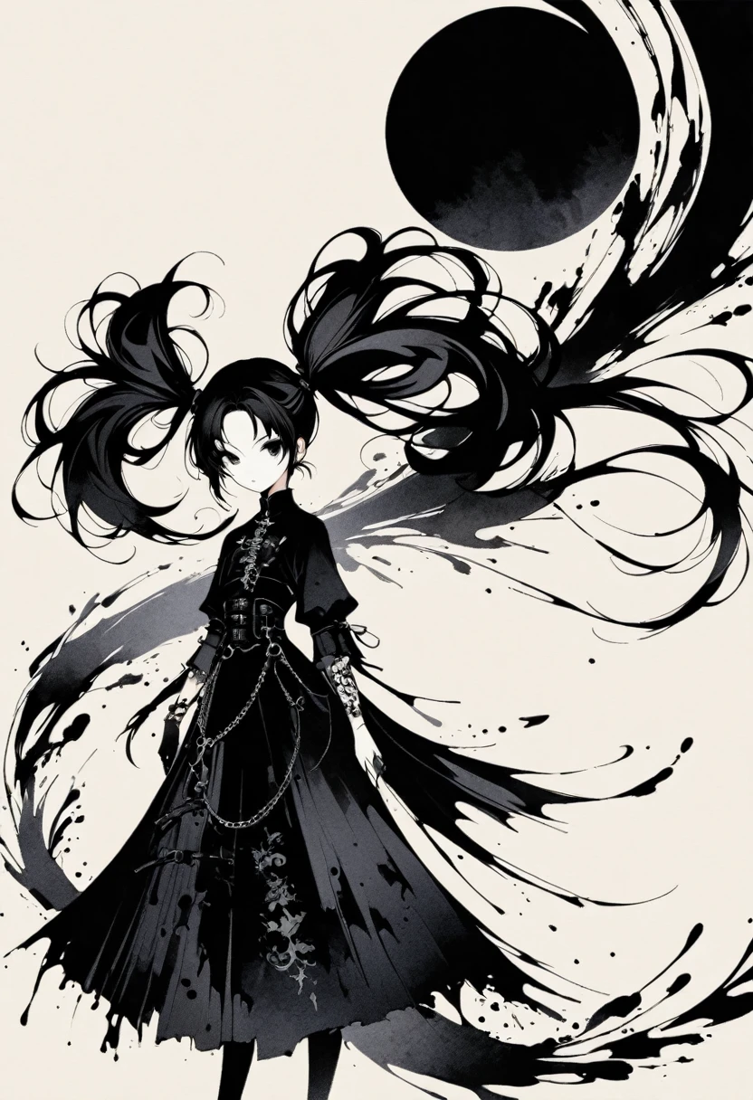 a girl with long twin pigtails, gothic aesthetic, minimalist, linear style, negative space, ink painting, abstract