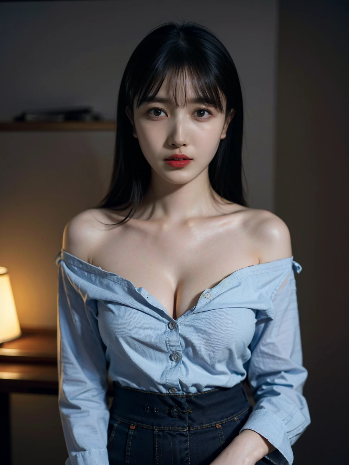 1girl, woman, masterpiece, best quality, highest quality, cinematic lighting, (volumetric lighting), extremely detailed CG unity 8k wallpaper, focused, 8k wallpaper, extremely detailed, ultra realistic, photorealistic, sharp focus, absurdres, (HDR:1.2), (high contrast), photograph, detailed and intricate, instagram, portrait, highly detailed, digital painting, artstation, concept art, smooth, sharp focus, illustration, cinematic lighting, (big breast:1.2), (whole body:1.2), white collar shirt, open shirt, open the button, open shoulder, show thigh, mini skirt, looking at the viewer, (I can't see hands)