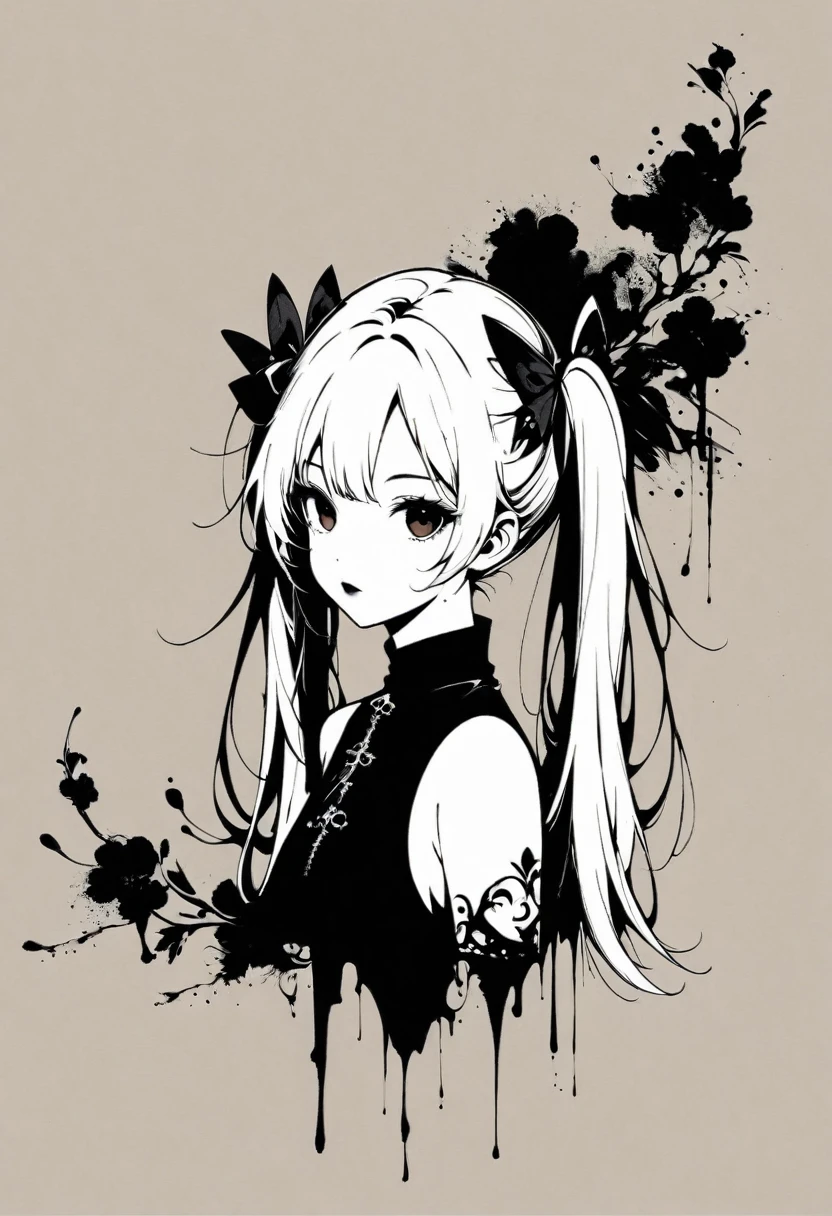 a girl with long twin pigtails, gothic aesthetic, minimalist, linear style, negative space, ink painting, abstract