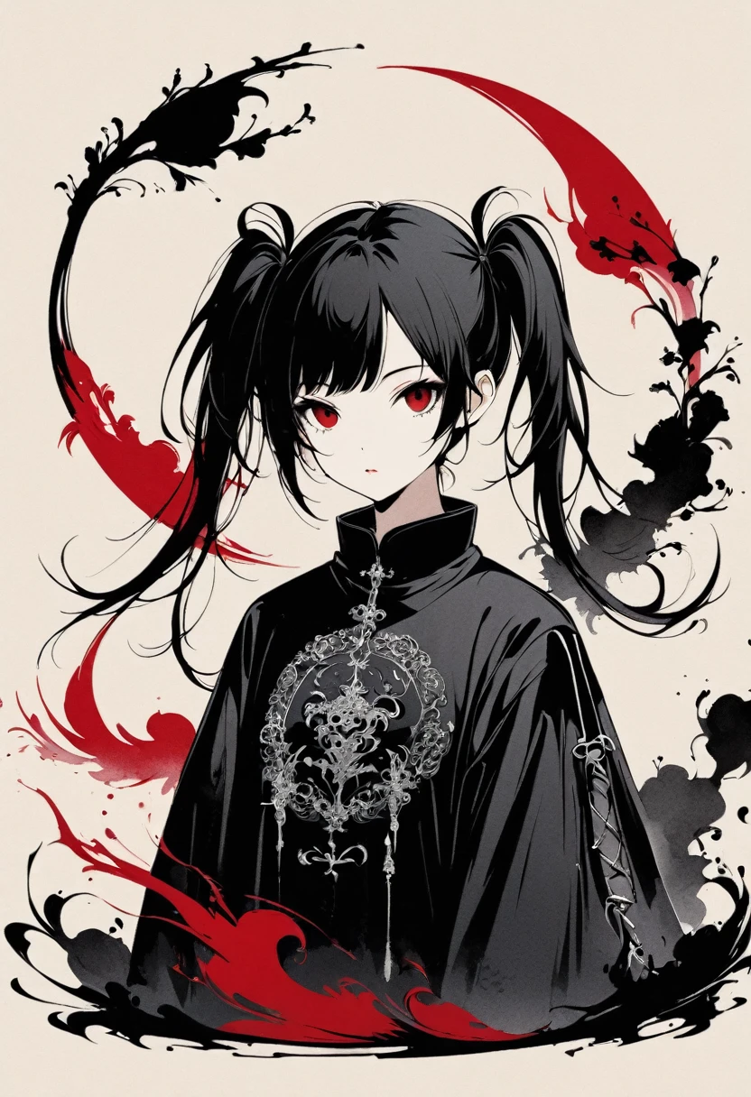a girl with long twin pigtails, gothic aesthetic, minimalist, linear style, negative space, ink painting, abstract