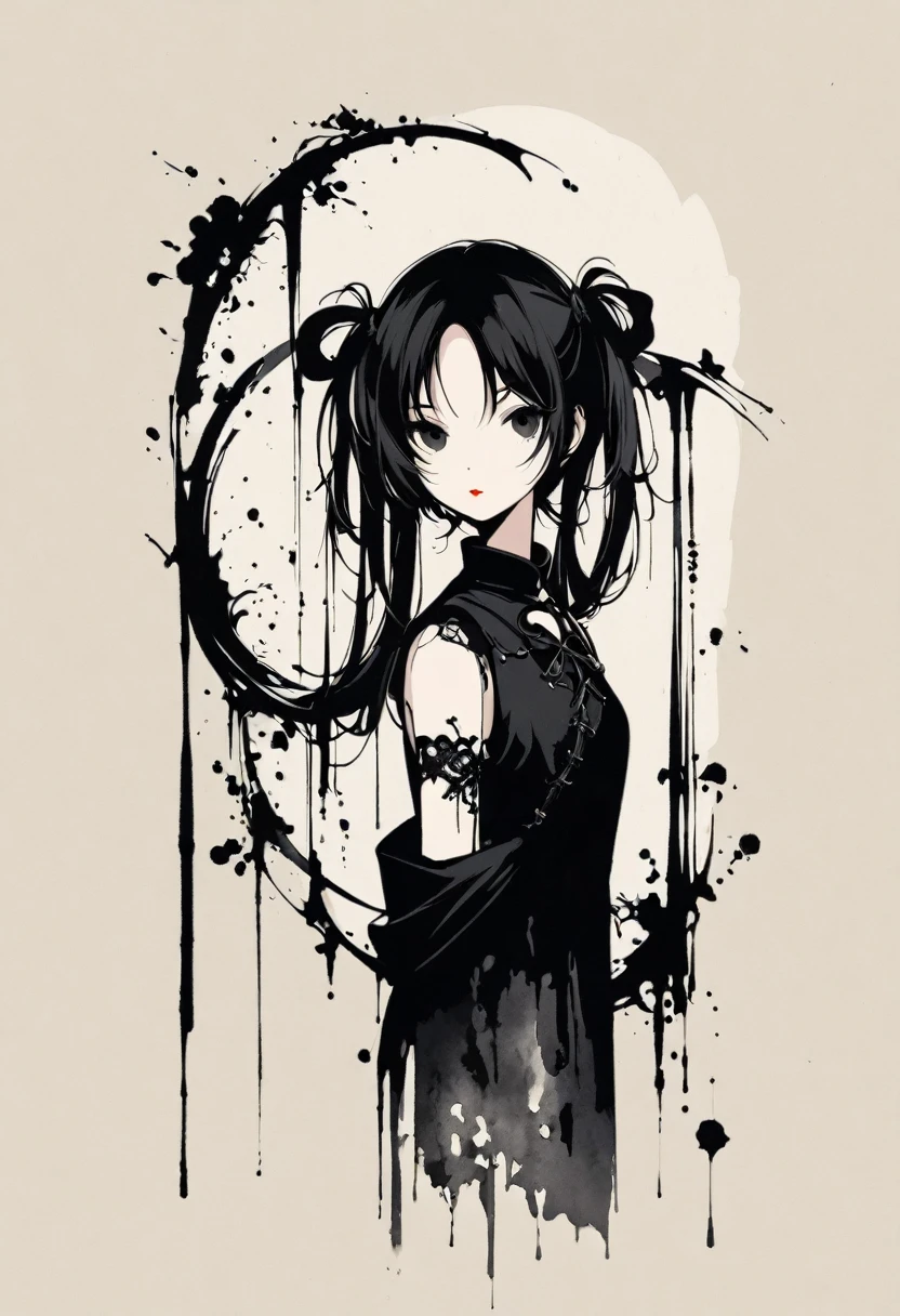 a girl with long twin pigtails, gothic aesthetic, minimalist, linear style, negative space, ink painting, abstract