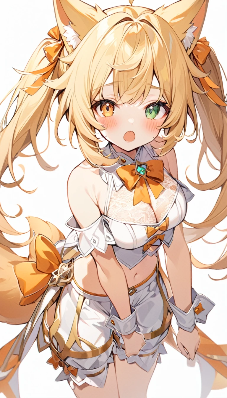 The fox girl,1girl, animal ears, bangs, bare shoulders, blonde hair, blush, bow, breasts, white cleavage, cropped torso, , green eyes, hair ribbon, heterochromia, holding, looking at viewer, open mouth, orange bow, orange eyes, orange ribbon,  ribbon, solo, stuffed animal, , , twintails, upper body, full-length, white legbands, white shoes with lace and white bows, white background, wrist cuffs, yellow eyes, bloomers, close-up, fair skin frills, lace, midriff, skirt, solo, , white background,shorts, white top with ribbon and lace and trousers,trousers, genshin,white slippers with a bow,All clothes are white, laceAt full height, it stands