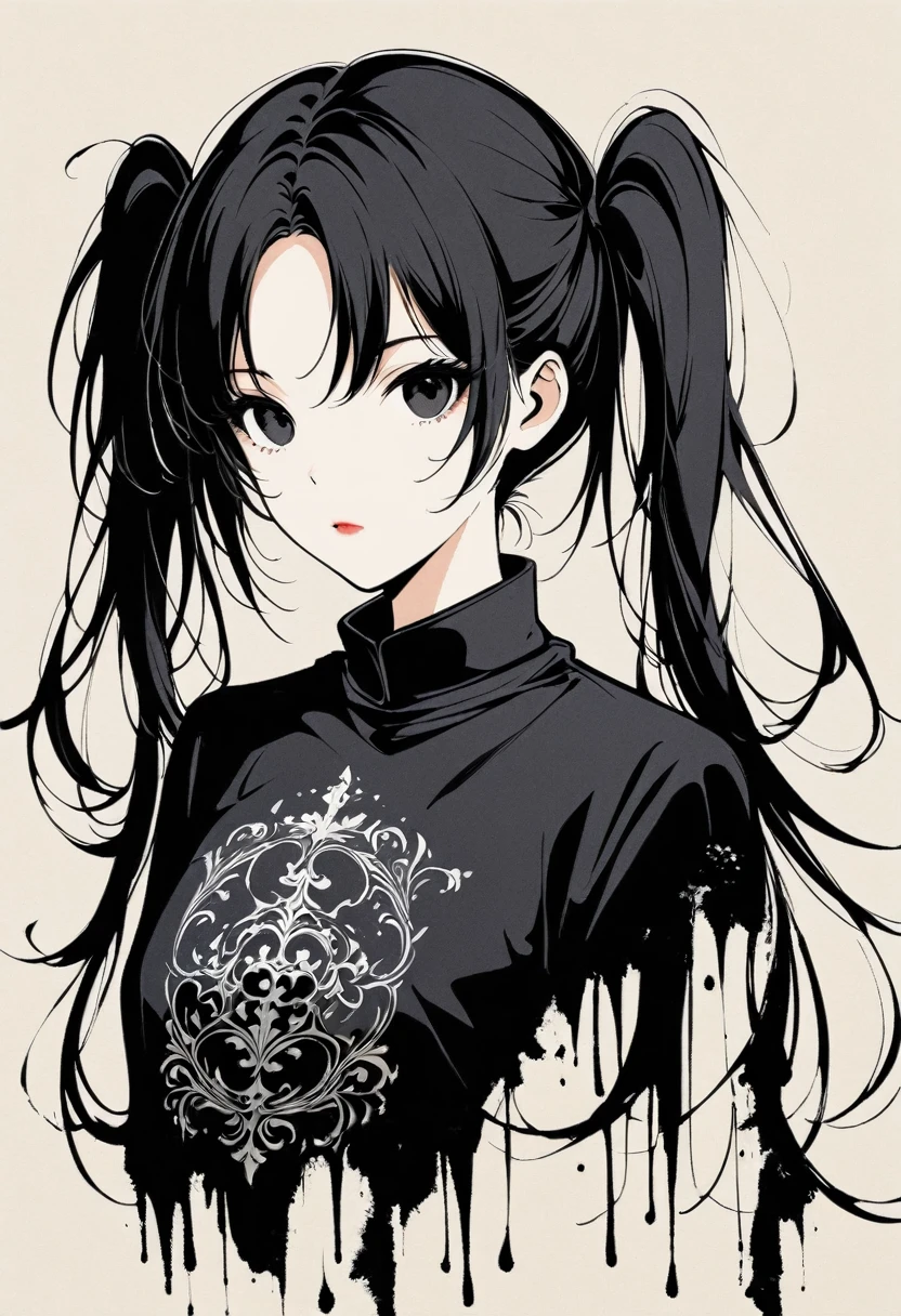 a girl with long twin pigtails, gothic aesthetic, minimalist, linear style, negative space, ink painting, abstract