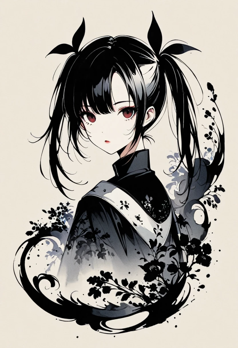 a girl with long twin pigtails, gothic aesthetic, minimalist, linear style, negative space, ink painting, abstract