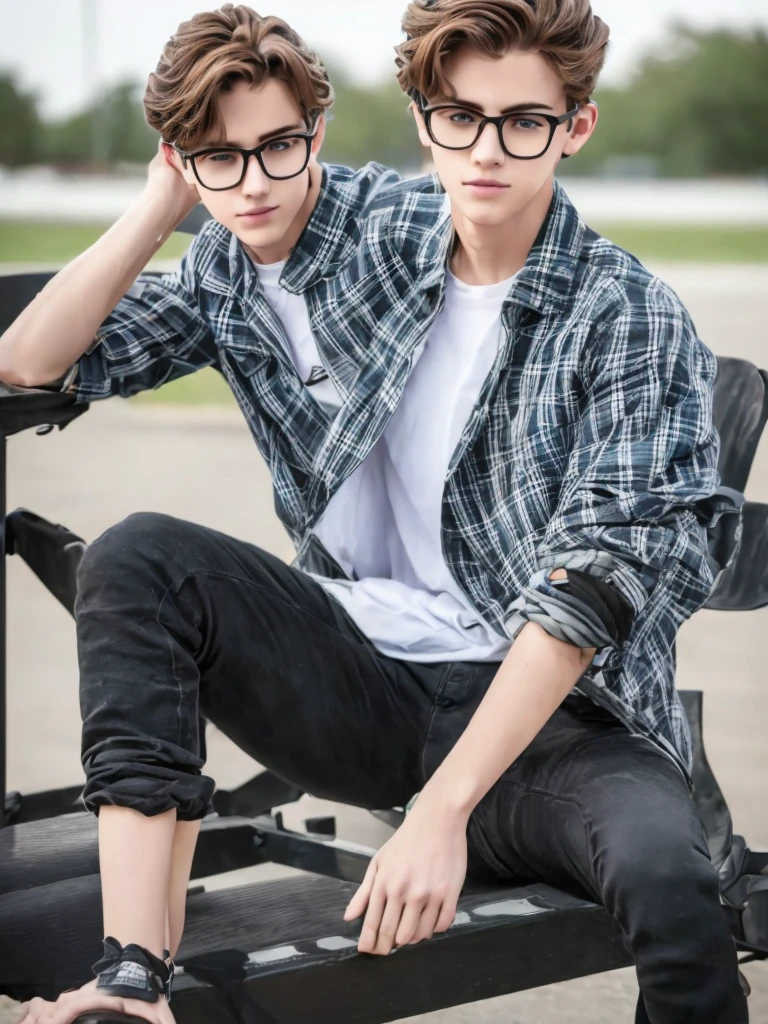1 teenage boy, detailed eyes, curly brown hair, pale smooth skin, sitting outdoors, black skinny jeans, plaid shirt outerwear, t-shirt, looks like model, (best quality,4k,8k,highres,masterpiece:1.2),ultra-detailed,(realistic,photorealistic,photo-realistic:1.37),hyperrealistic, cinematic lighting, professional photography, natural setting, warm color tones, pale skin ultra realistic soft smooth skin, soft smile, wearing glasses, skater boy vibe, sitting at skatepark, handsome man, very handsome face, white boy with handsome face, hair on shoulder