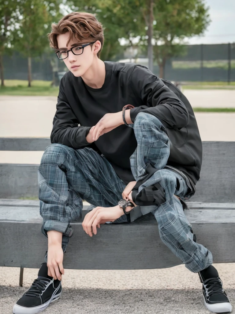 1 teenage boy, detailed eyes, curly brown hair, pale smooth skin, sitting outdoors, black skinny jeans, plaid shirt outerwear, t-shirt, looks like model, (best quality,4k,8k,highres,masterpiece:1.2),ultra-detailed,(realistic,photorealistic,photo-realistic:1.37),hyperrealistic, cinematic lighting, professional photography, natural setting, warm color tones, pale skin ultra realistic soft smooth skin, soft smile, wearing glasses, skater boy vibe, sitting at skatepark, handsome man, very handsome face, white boy with handsome face, hair on shoulder