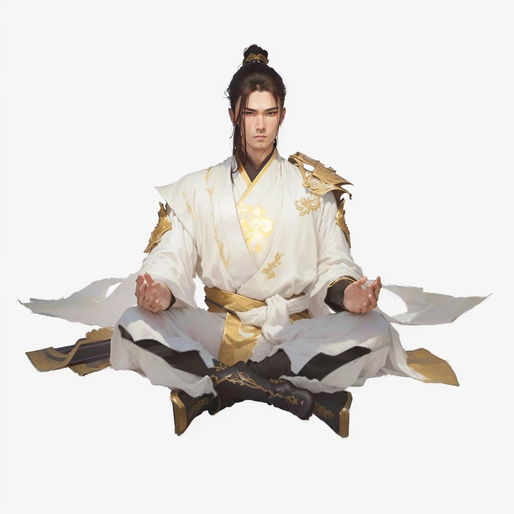 Sit in cross-legged meditation,masterpiece, best quality, (extremely detailed CG unity 8k wallpaper), (best quality), (best illustration), (best shadow), absurdres, realistic lighting, (Abyss), beautiful detailed glow, art by PeterMohrBacher,of a guy,The head of the big shot,Dark brown main color picture,Brown clothing,Upper body portrait,A steady and vigorous look,hair flowing,Gentle eyes,The background is the wind and sand of the ancient battlefield,Ultra-clear image quality,8k ultra high definition,Wuxia style costume。