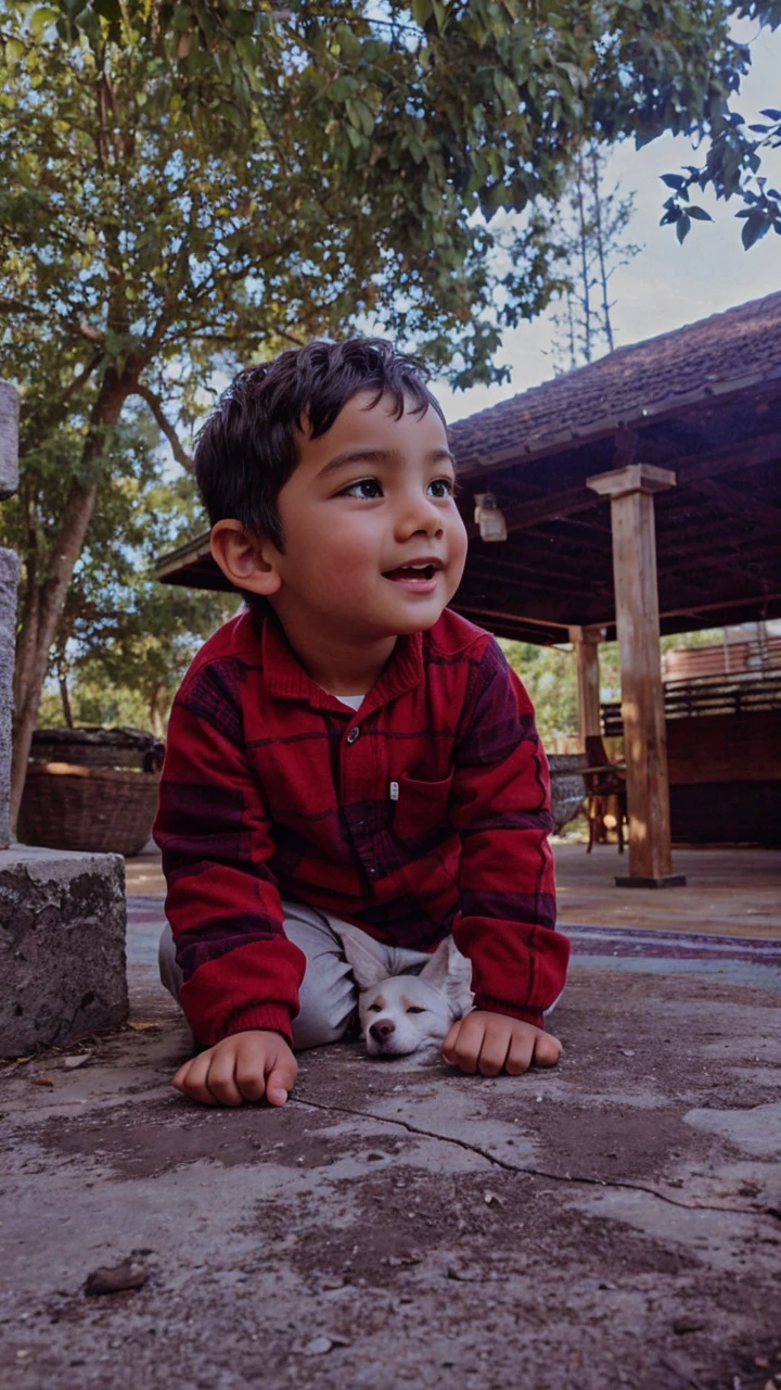 a boy playing with dog