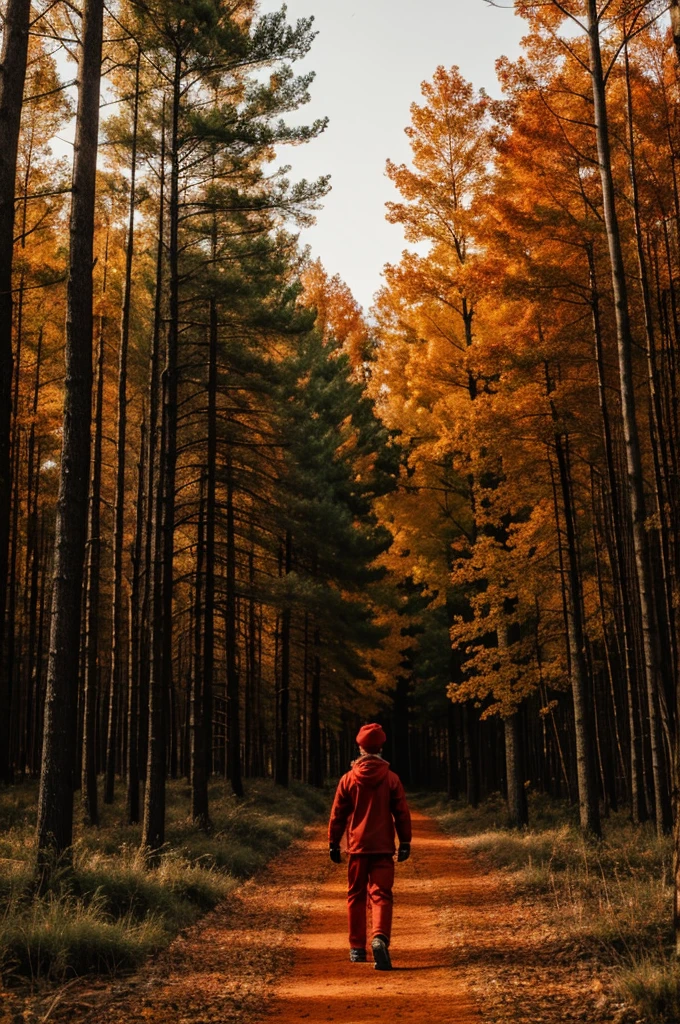 Create a portrait of a boy dressed in red walking on fire in a forest that is at night and there are many stars in the sky