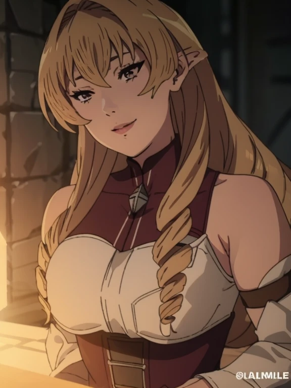 Best quality, masterpiece, ultra high res, 1girl, sexy, in the dark, deep shadow, low key, cold light, milf, blonde hair, dynamic light, cinematic lighting, cinematic lighting, down blouse, mature woman, middle parted hair, natural breast, upper body, milf, elinalise, seductive smile,