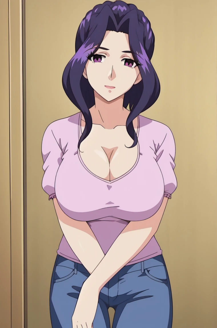 1girl, solo, purple hair, purple eyes, looking at viewer, large breasts, shirt, black hair, cleavage, short sleeves, pants, denim, v arms, breasts squeezed together, jeans,
