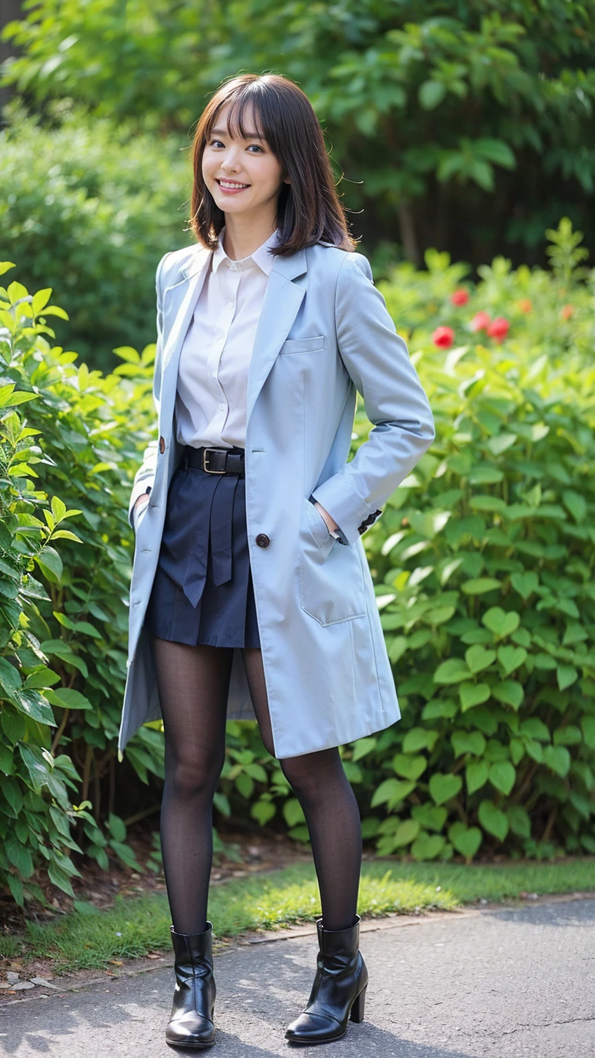 (8K、RAW Photos、Highest quality、masterpiece:1.2)、(Realistic、Realistic)、1 Girl、((Check mini skirt、light blue long coat、Medium Hair、black、Thin legs、whole body、boots、blackいコート、one piece、tights、garden、View from the front、smile、Looking into the camera、belt、Stand with hands on hips))、cute
