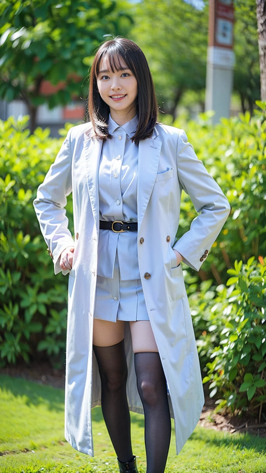 (8K、RAW Photos、Highest quality、masterpiece:1.2)、(Realistic、Realistic)、1 Girl、((Check mini skirt、light blue long coat、Medium Hair、black、Thin legs、whole body、boots、blackいコート、one piece、tights、garden、View from the front、smile、Looking into the camera、belt、Stand with hands on hips))、cute