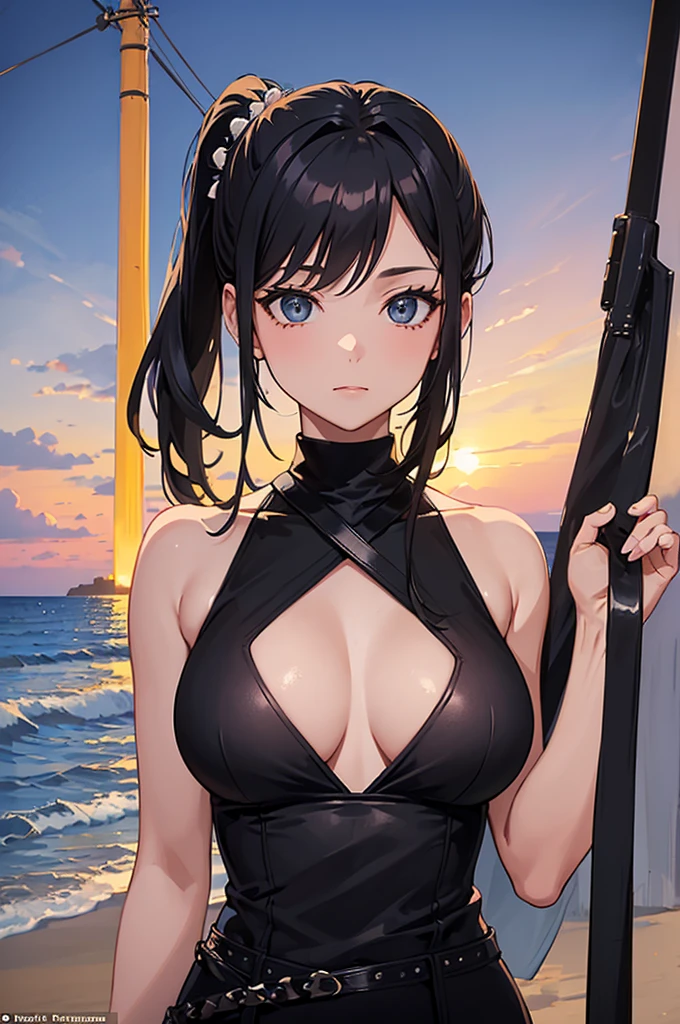 (Masterpiece: 1.2, Best Quality), (1 Lady, Solo, Upper Body: 1.2), Hair: Black Ponytail, Clothing: Black Micro Bikini, Hanging Out on the Beach at Dusk