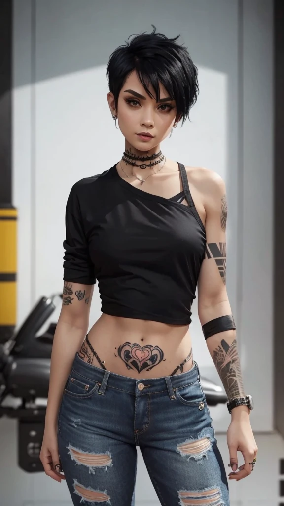 Beautiful girl , slim fit body , short punk style black hair , crop top , tattooed body ,