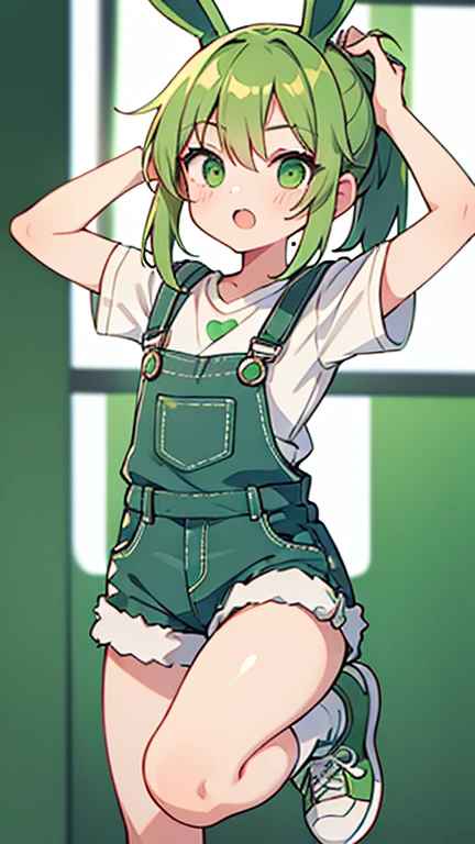 one girl,green ponytail,green eyes,green bunny ears,white short sleeve tee,green overalls shorts,white socks,green sneakers
