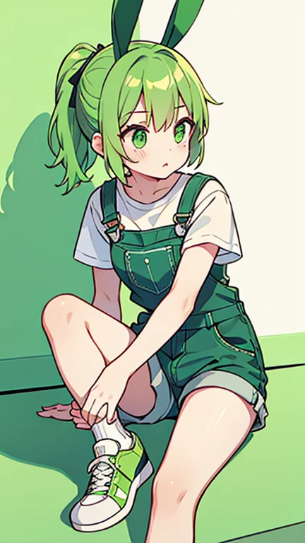 one girl,green ponytail,green eyes,green bunny ears,white short sleeve tee,green overalls shorts,white socks,green sneakers