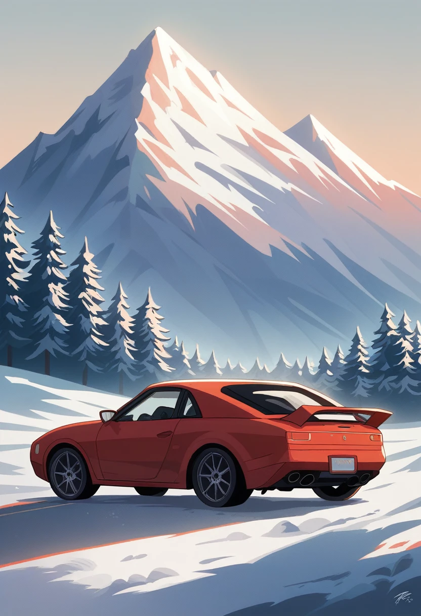 car poster, Procreate, red, Ferrari F40, vector art, ultra réaliste, minimalist, high detail, high resolution, snowy mountain background