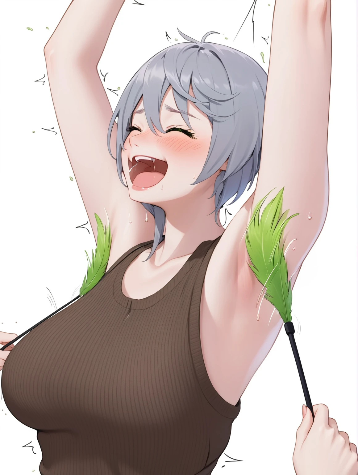 an extremely delicate and beautiful girls with her arms up,(laughing:1.4),(big mouth:1.1),open mouth,happy,(frown:1.3),(pain face),crazy smile,blush,sweat,(green feathers),(her armpits tickling with green feathers),Green feathers stuck into the girl's armpits,((trembling)),crying,drooling,(((masterpiece))), (((best quality))), (official art), ((extremely detailed CG unity 8k wallpaper)), (Best character details), ((ultra-detailed)), (illustration), (dynamic angle),