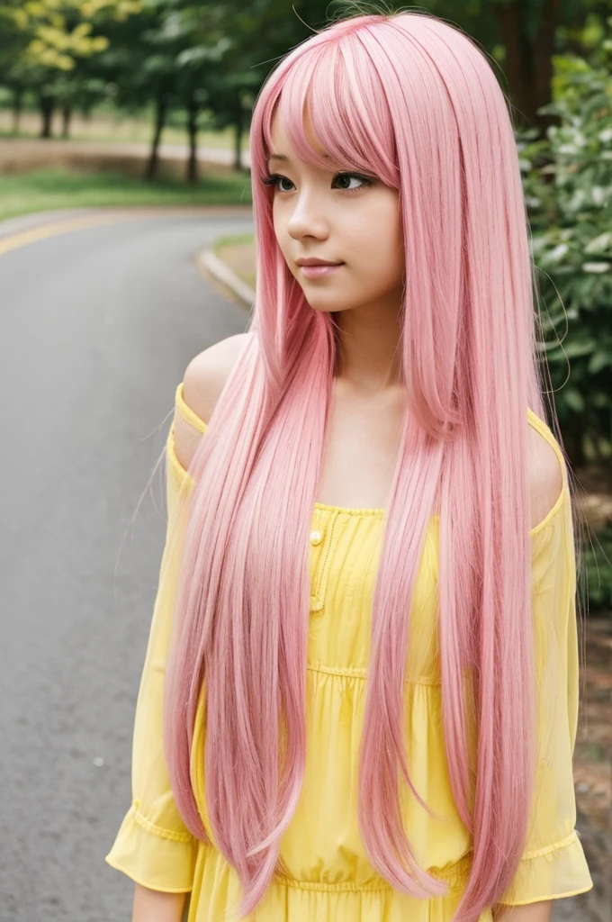 A girl with very long pink hair she wears pink and yellow
