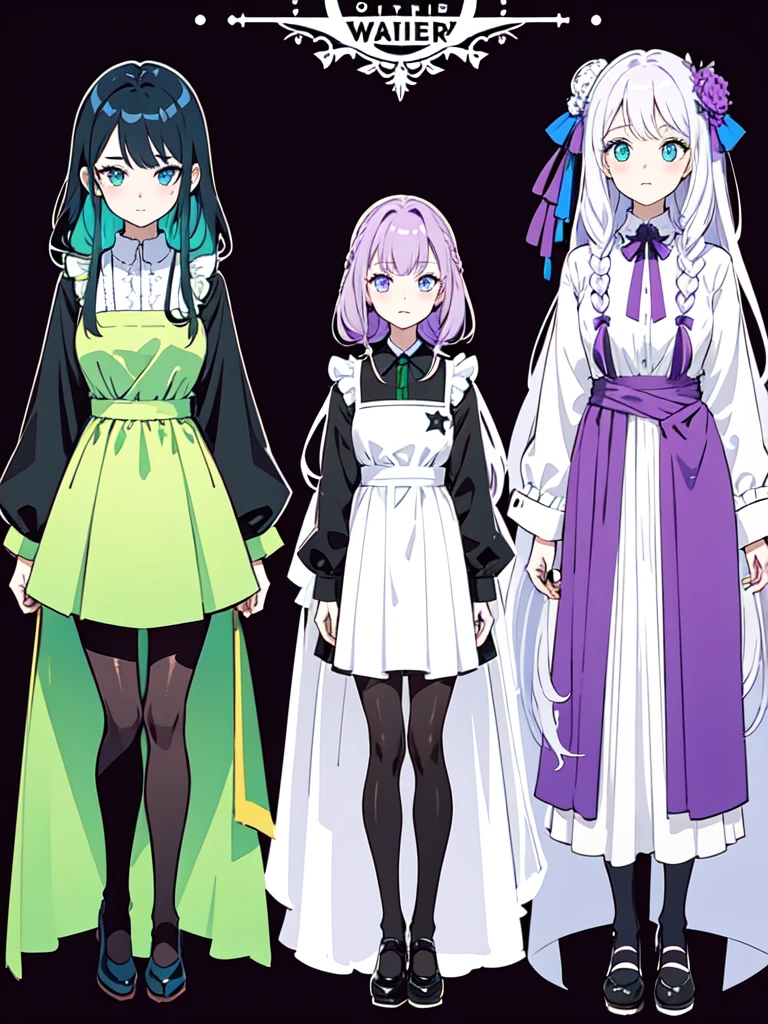 watercolor画, Dressed in maid uniform ,　Mature face,tall, Wearing black tights,Blue Eyes,Updo, Braided Hair,　 The skin is hidden　and gradient hair, (Ink blotches:1.1), (pale:1.2),(Light purple:1.2),(Green/Black:1.2), I was wearing long pants,cool,Dressed in a black robe, Toned body, one big woman, Nervous,Cowboy Shot, sketch (Character design sheet, same characters, whole body, Three-View, front, ~ ~ ~ side, return),(Very bright:1.1), White Background, [1 Girl:7], (Tilt your head:1.2), ([sketch|watercolor \(Moderate\)]:1.15),Chaotic Abstract Background, Vector Trace, Gradient Blending, Bright colors, that&#39;wonderful, Very detailed, Complex, (Very low contrast:1.4）
