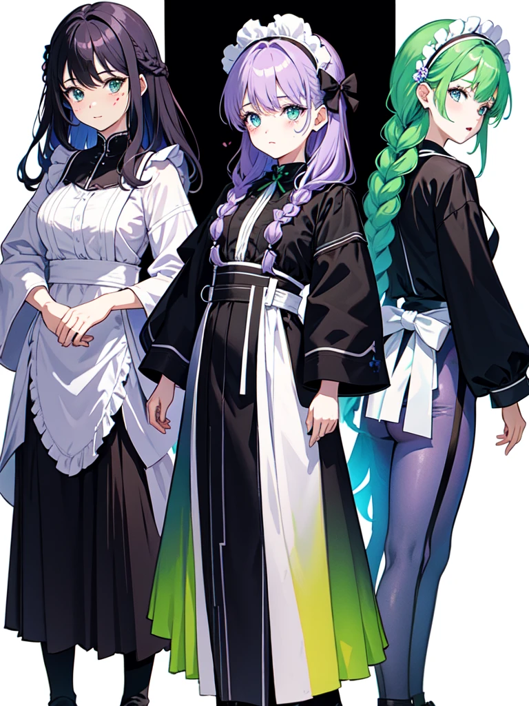 watercolor画, Dressed in maid uniform ,　Mature face,tall, Wearing black tights,Blue Eyes,Updo, Braided Hair,　 The skin is hidden　and gradient hair, (Ink blotches:1.1), (pale:1.2),(Light purple:1.2),(Green/Black:1.2), I was wearing long pants,cool,Dressed in a black robe, Toned body, one big woman, Nervous,Cowboy Shot, sketch (Character design sheet, same characters, whole body, Three-View, front, ~ ~ ~ side, return),(Very bright:1.1), White Background, [1 Girl:7], (Tilt your head:1.2), ([sketch|watercolor \(Moderate\)]:1.15),Chaotic Abstract Background, Vector Trace, Gradient Blending, Bright colors, that&#39;wonderful, Very detailed, Complex, (Very low contrast:1.4）